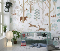 Scandinavian style wall mural with forest animals in a modern nursery.
