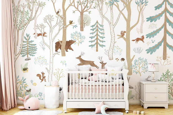 Frisky Forest Blue Wall Mural in a baby nursery.