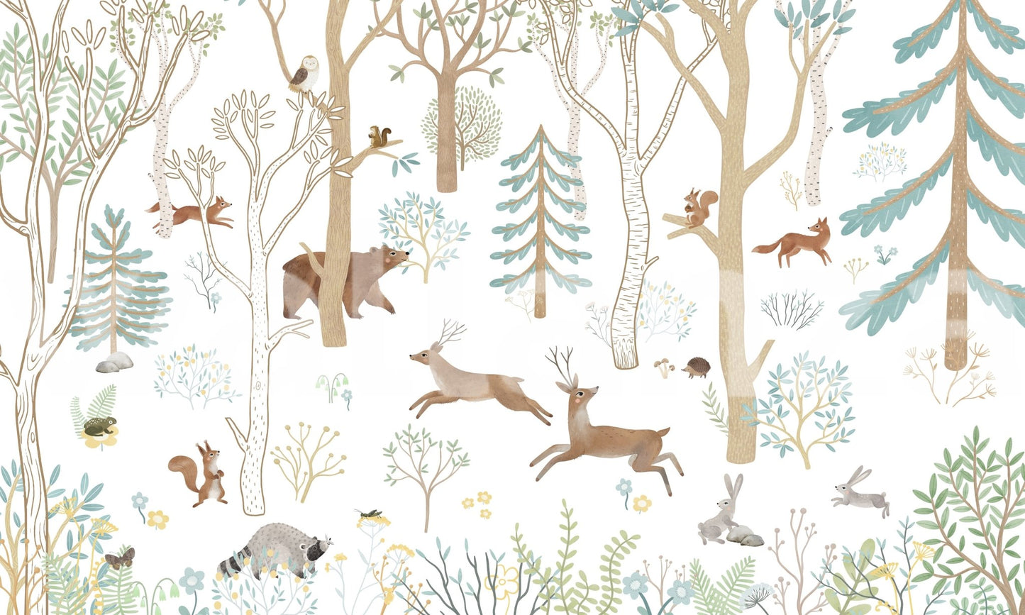 Detailed forest wall mural pattern with rabbits and foxes for a feature wall.