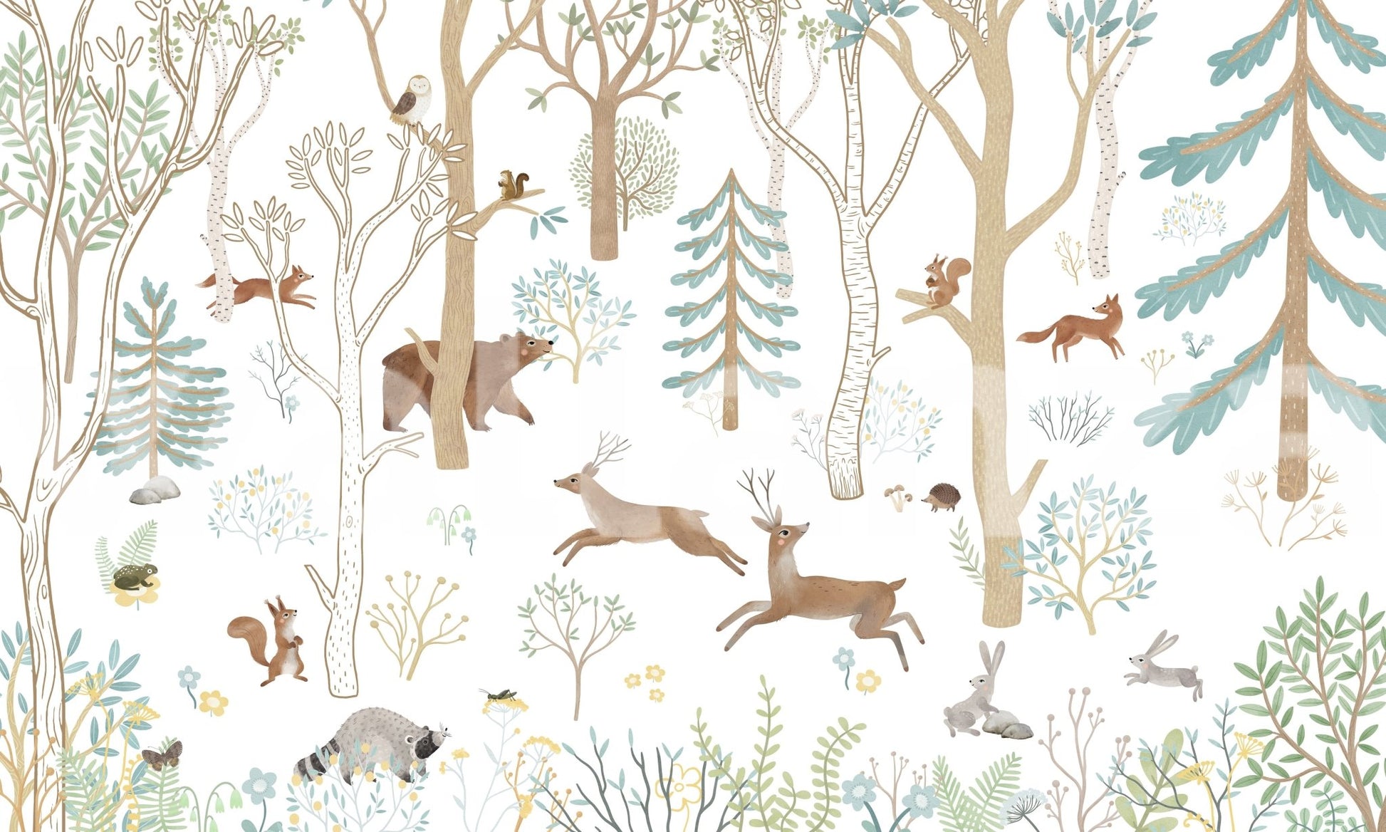 Detailed forest wall mural pattern with rabbits and foxes for a feature wall.