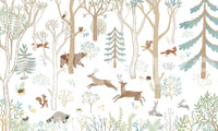 Detailed forest wall mural pattern with rabbits and foxes for a feature wall.