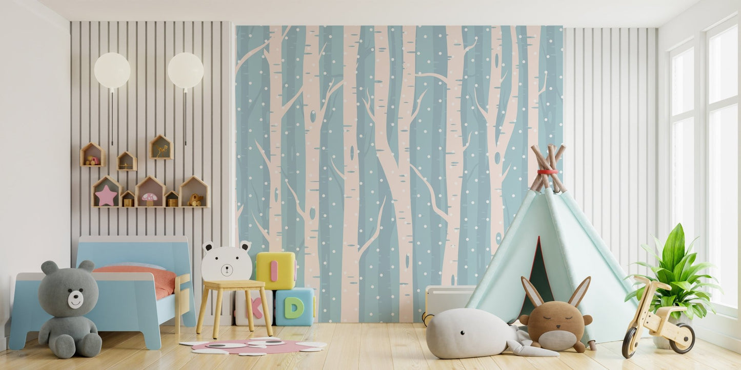 Birch forest pattern wall mural behind a blue kids armchair and play tent.