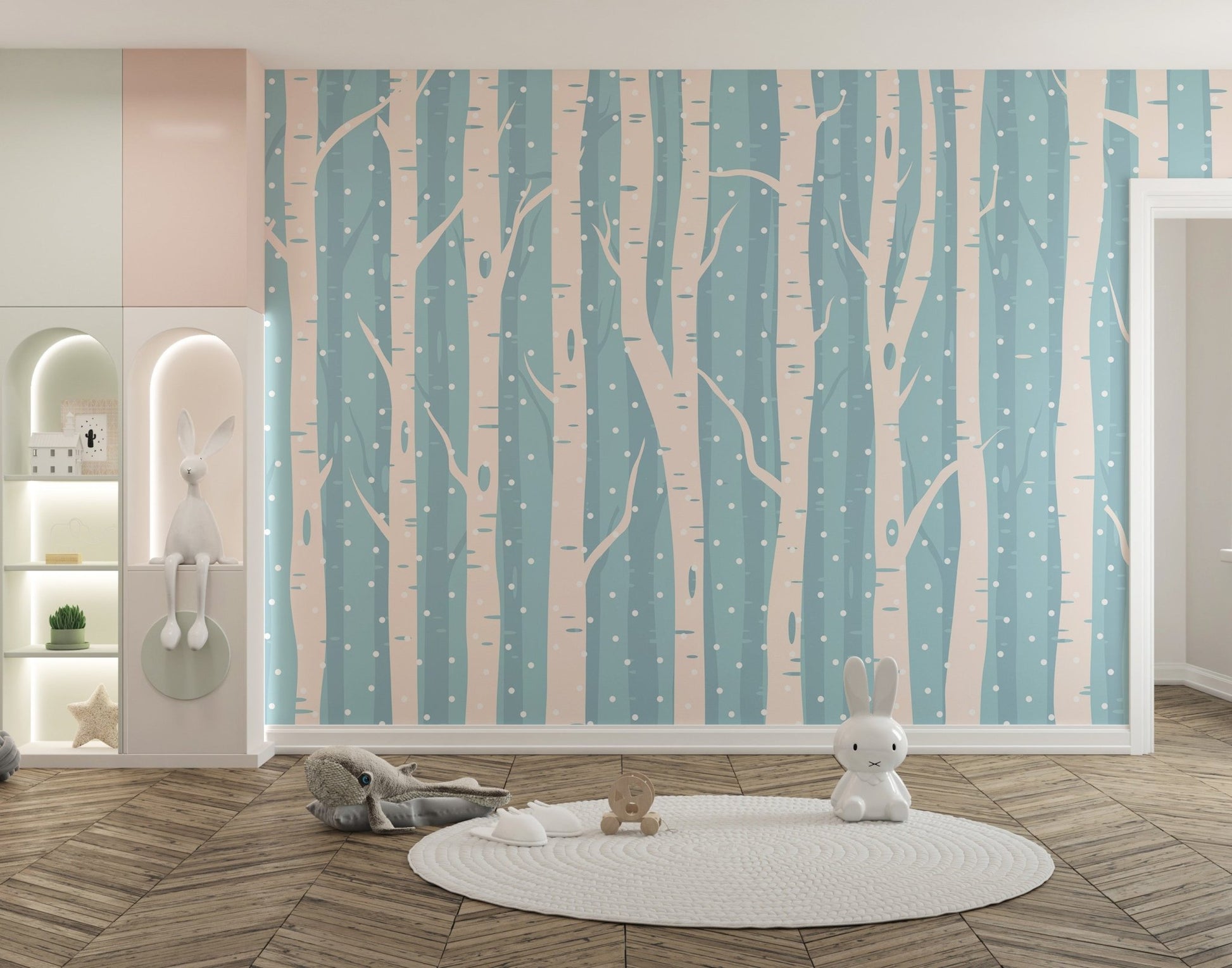 Pastel blue woodland wall mural in a children's room with a round white rug.
