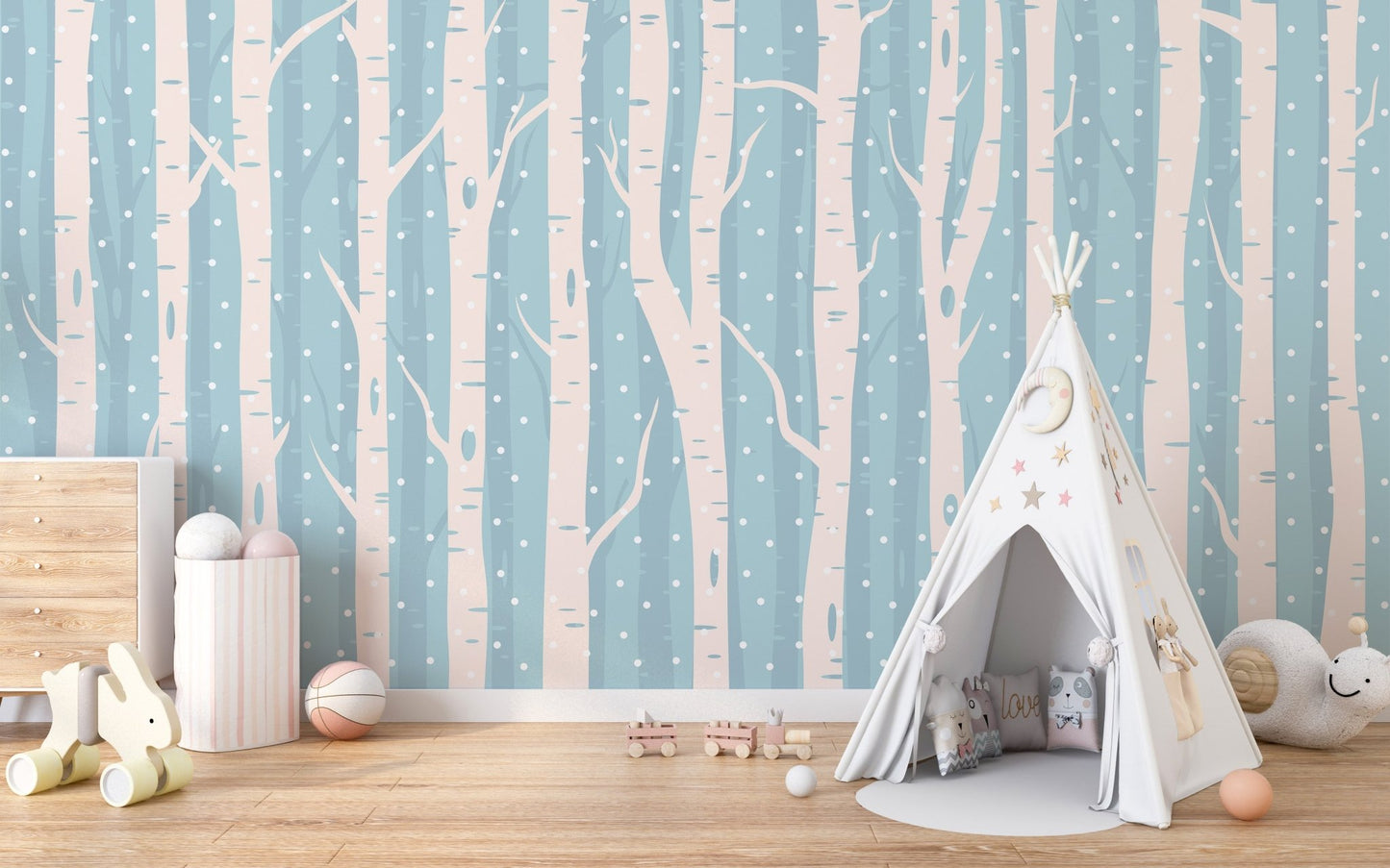 White birch forest wall mural in a toddler room with a canvas teepee.