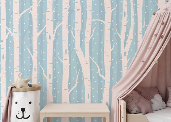 Frosty Blue Forest Scenic Wall Murals behind a pink bed canopy and bench.