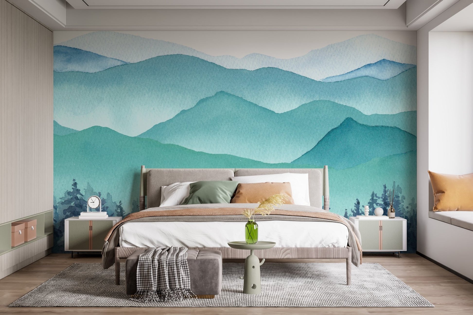 Textured mountain wall mural in a bedroom with wooden furniture and neutral bedding.