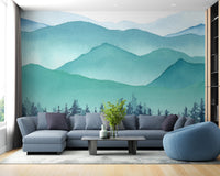 Navy blue sectional sofa set against a watercolor mountain wall mural.