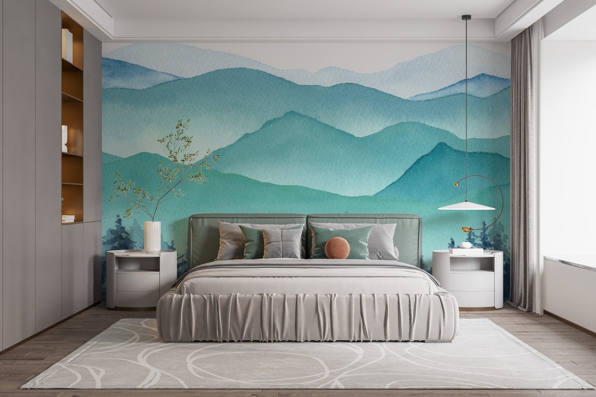 Blue and green frozen mountain wall mural behind a grey bed in a bedroom.