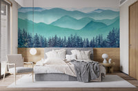 Blue watercolor hills wall mural in a minimalist bedroom with natural light.