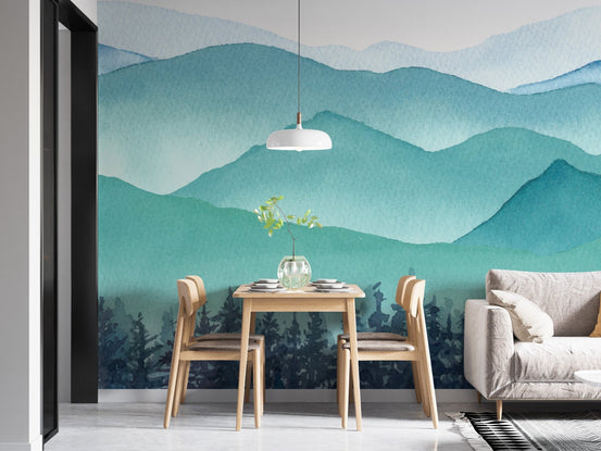 Frozen Fantasy Watercolor Removable Murals in a dining area with wooden chairs.