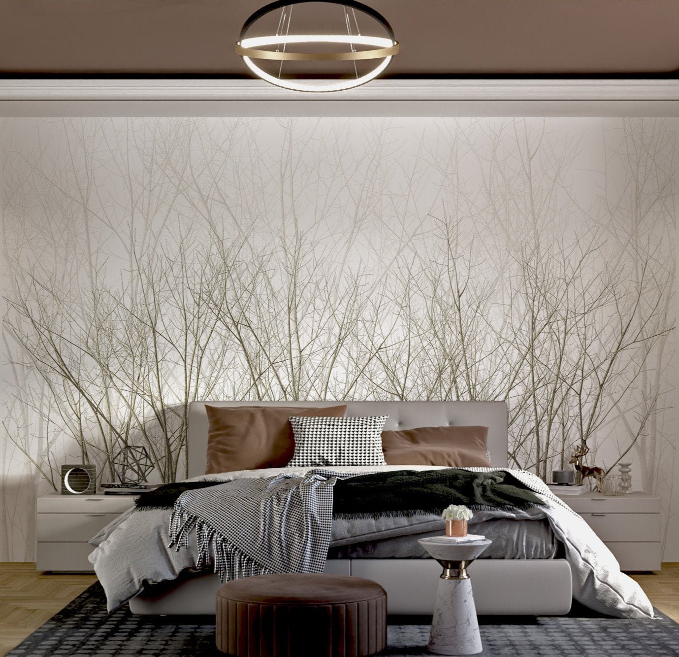 Grey bare trees wall mural showing leafless winter forest for bedroom.
