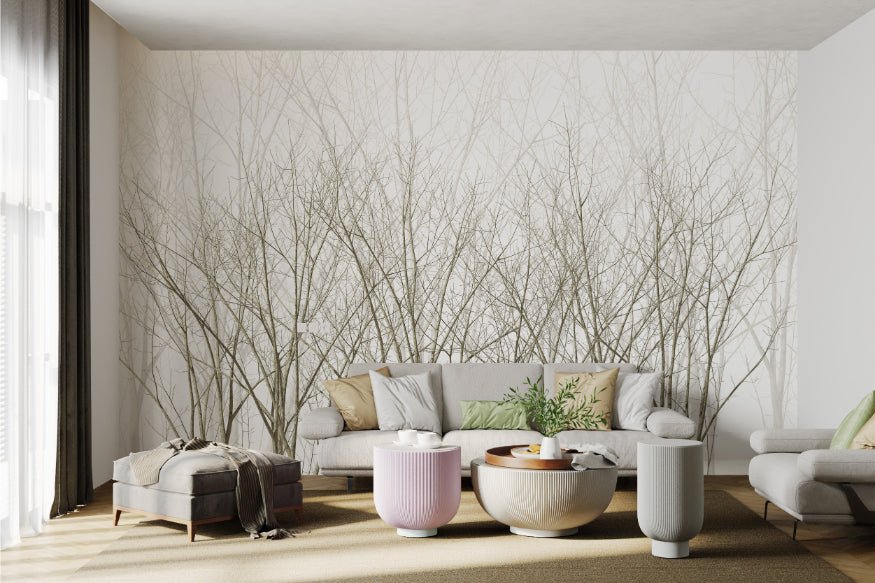 White and grey forest mural showing winter tree trunks for living room.