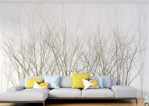 Frozen Winter Forest Wall Mural with bare tree branches for living spaces.
