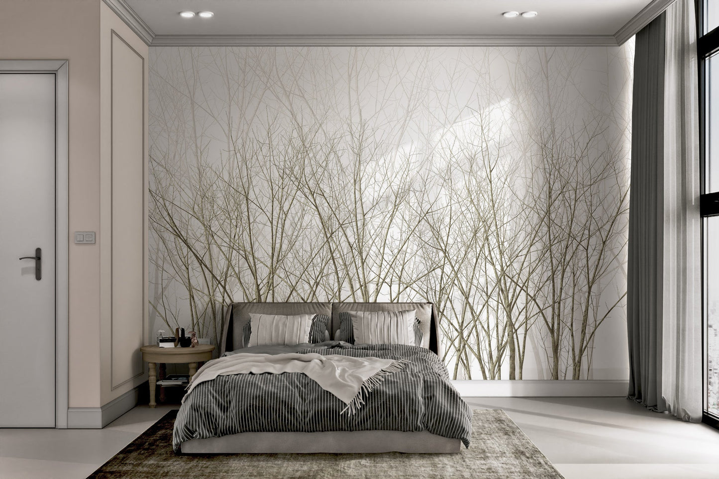 Minimalist winter woods wall mural featuring dry branches for bedroom.