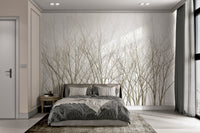 Minimalist winter woods wall mural featuring dry branches for bedroom.