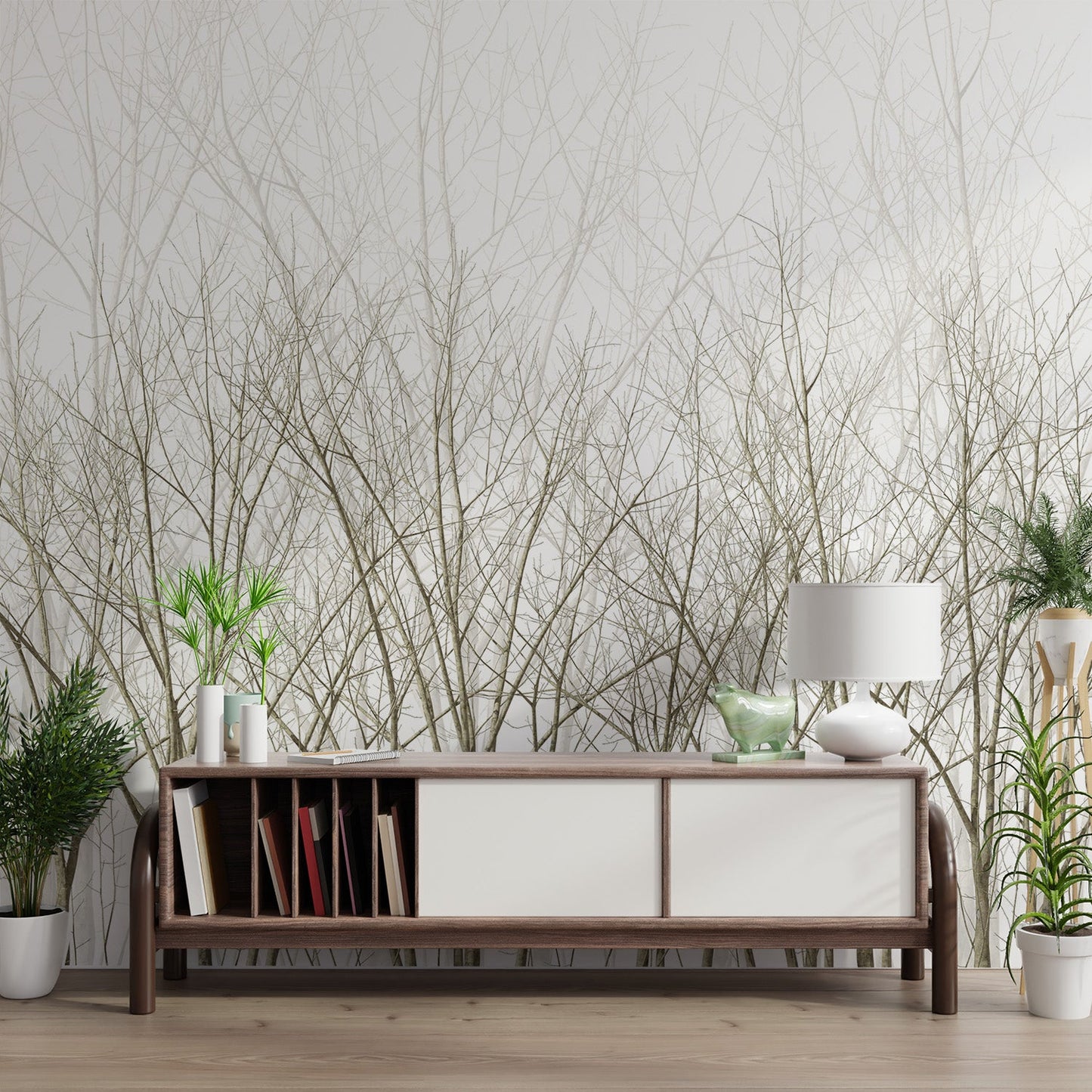 Tall bare winter trees wall mural creating a forest background for halls.