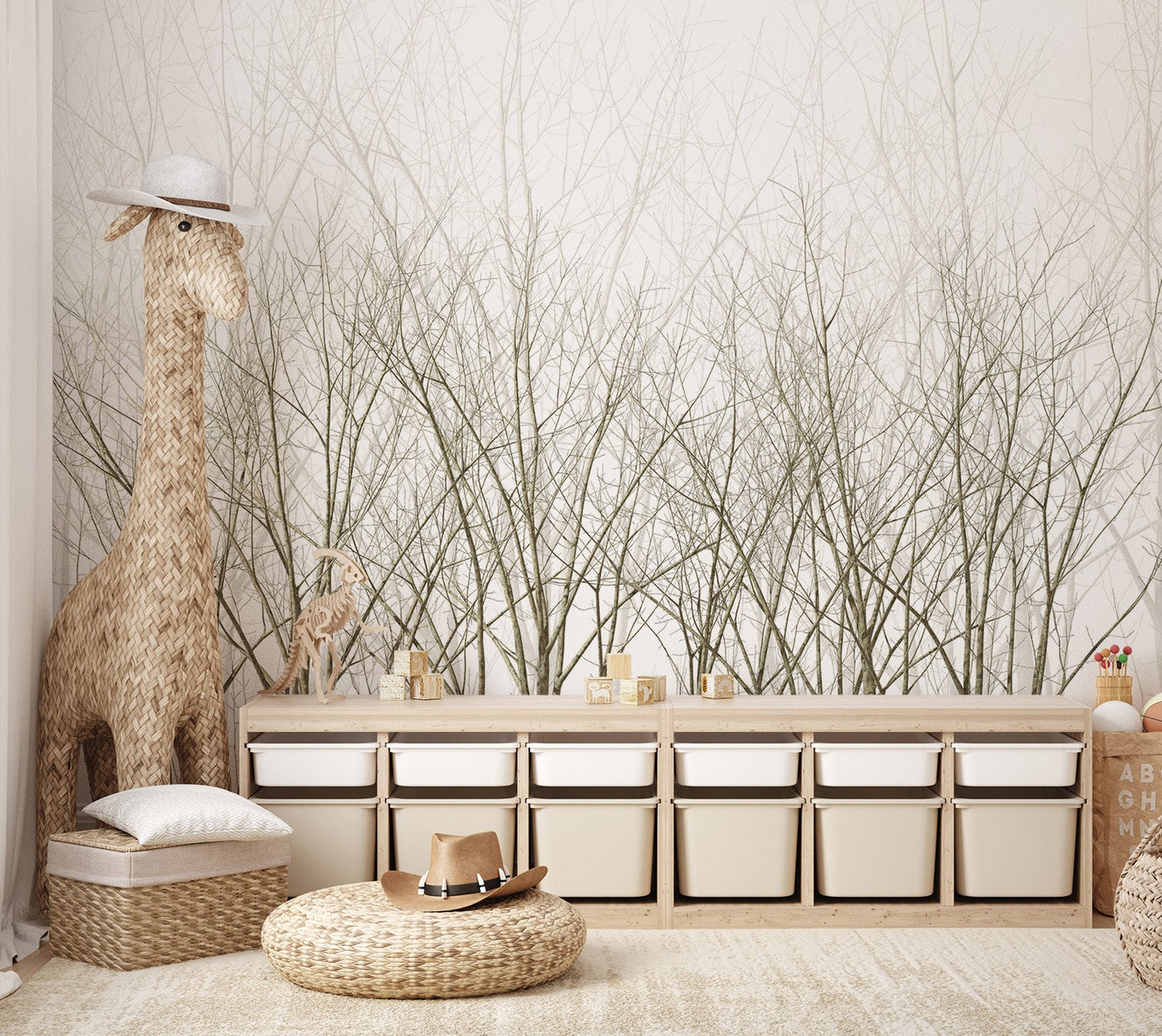 Contemporary leafless trees wall mural with grey fading aesthetic for nursery.