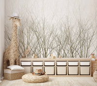 Contemporary leafless trees wall mural with grey fading aesthetic for nursery.