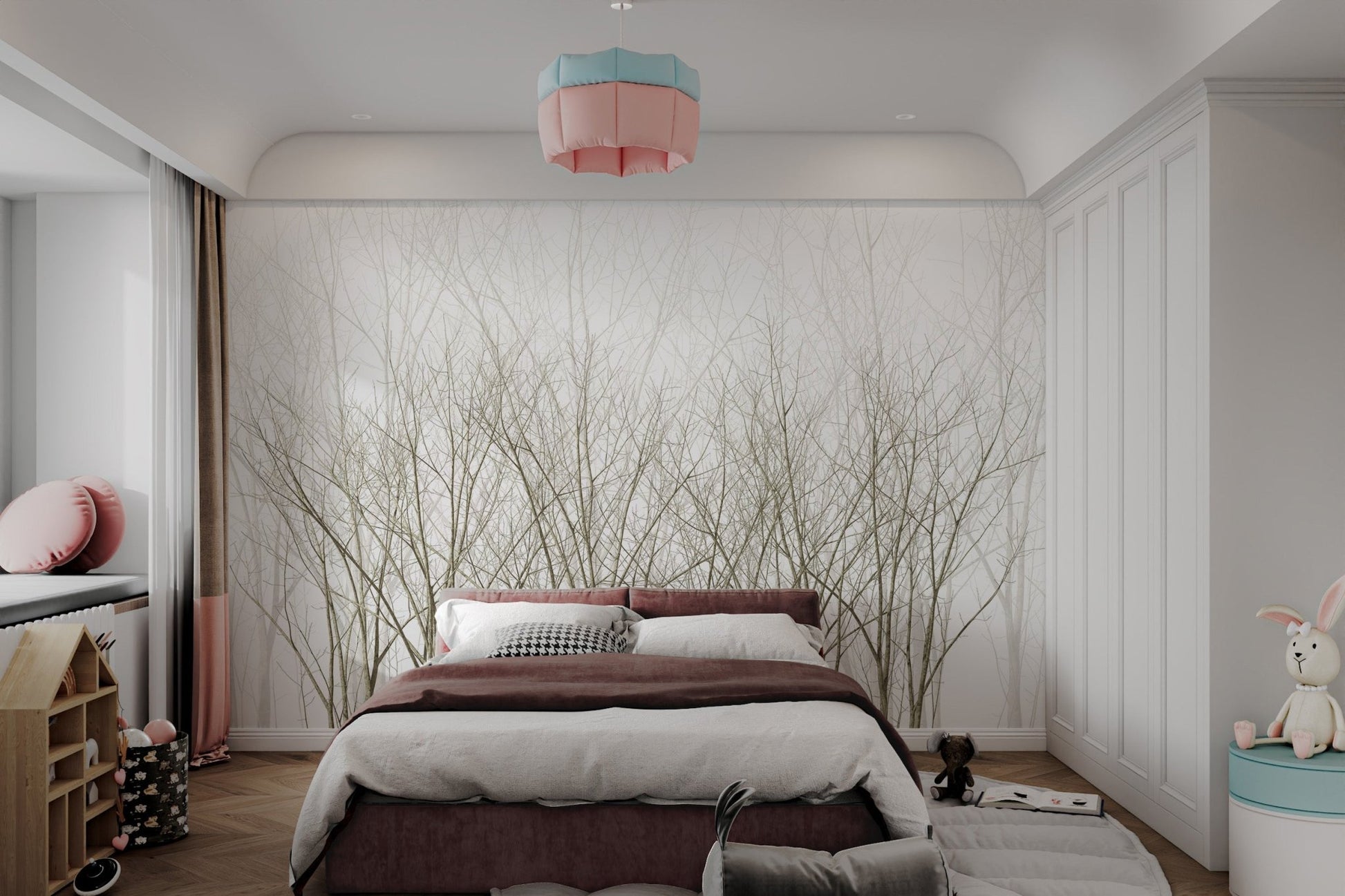 Winter tree branches wall mural bringing a neutral landscape. 