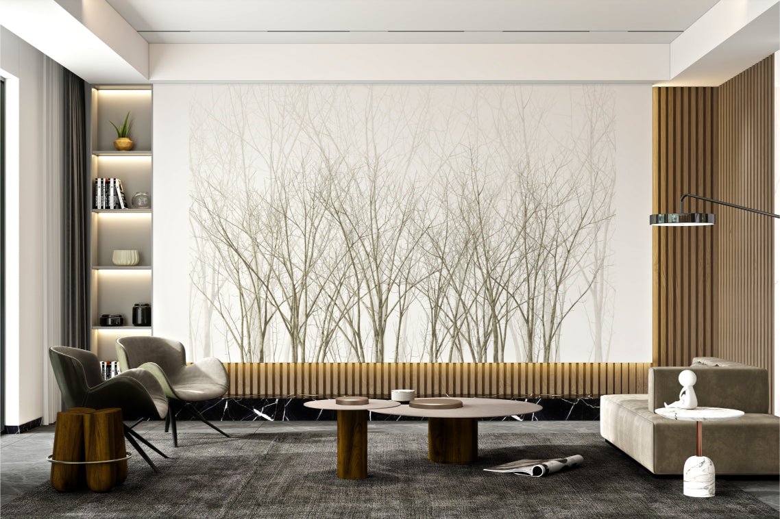 Realistic dry trees landscape wall mural in muted grey tones for office interiors