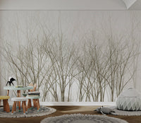 Scandinavian style bare forest wall mural in neutral white tone in playroom.
