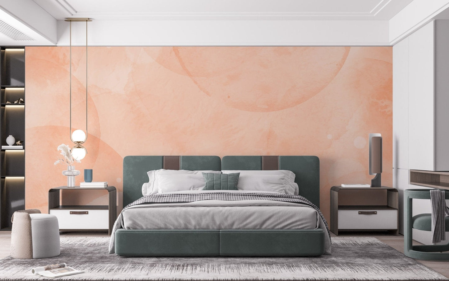 Fuzzy peach palette wallpaper mural with soft peach watercolor circles for bedroom interior.
