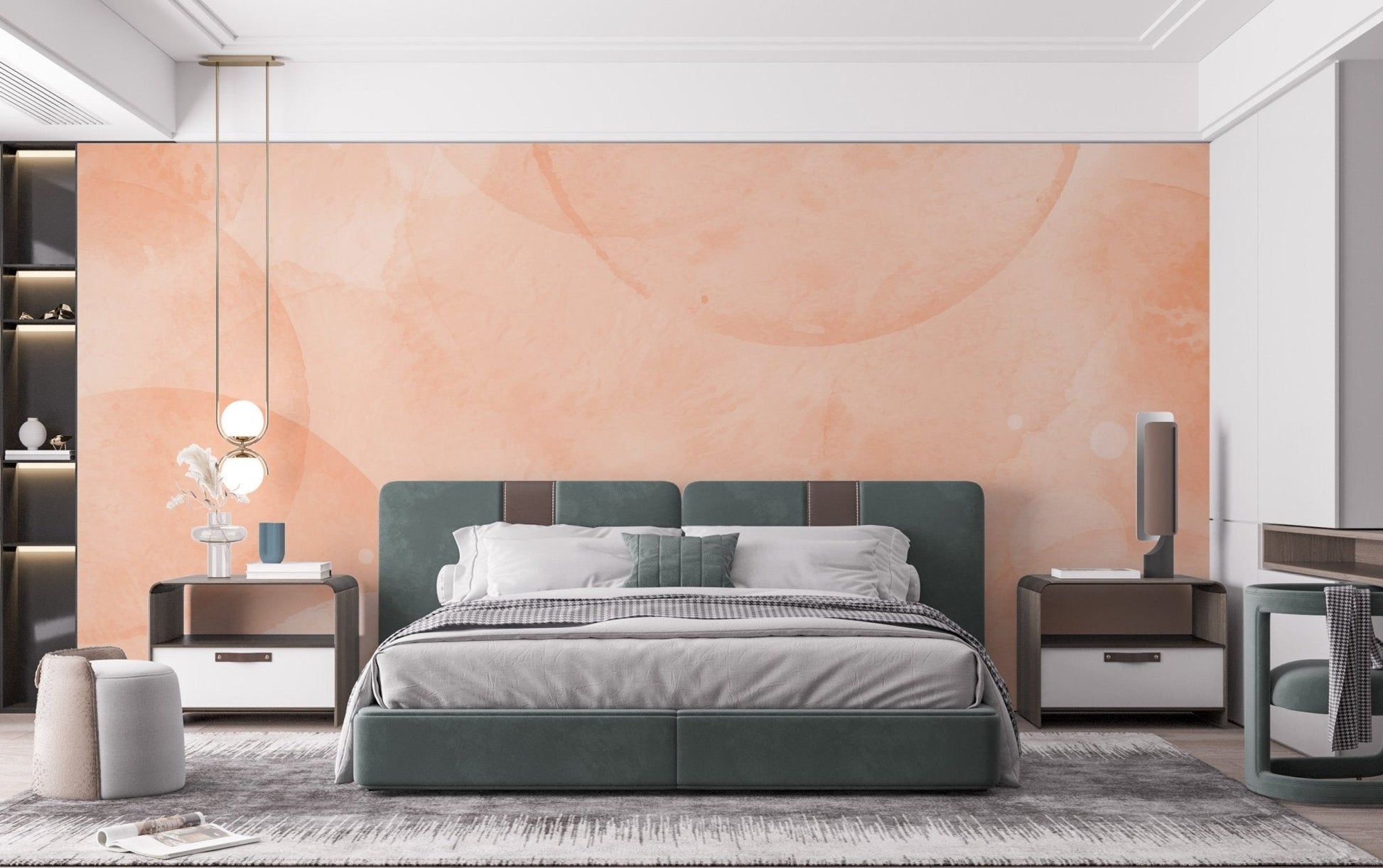 Fuzzy peach palette wallpaper mural with soft peach watercolor circles for bedroom interior.