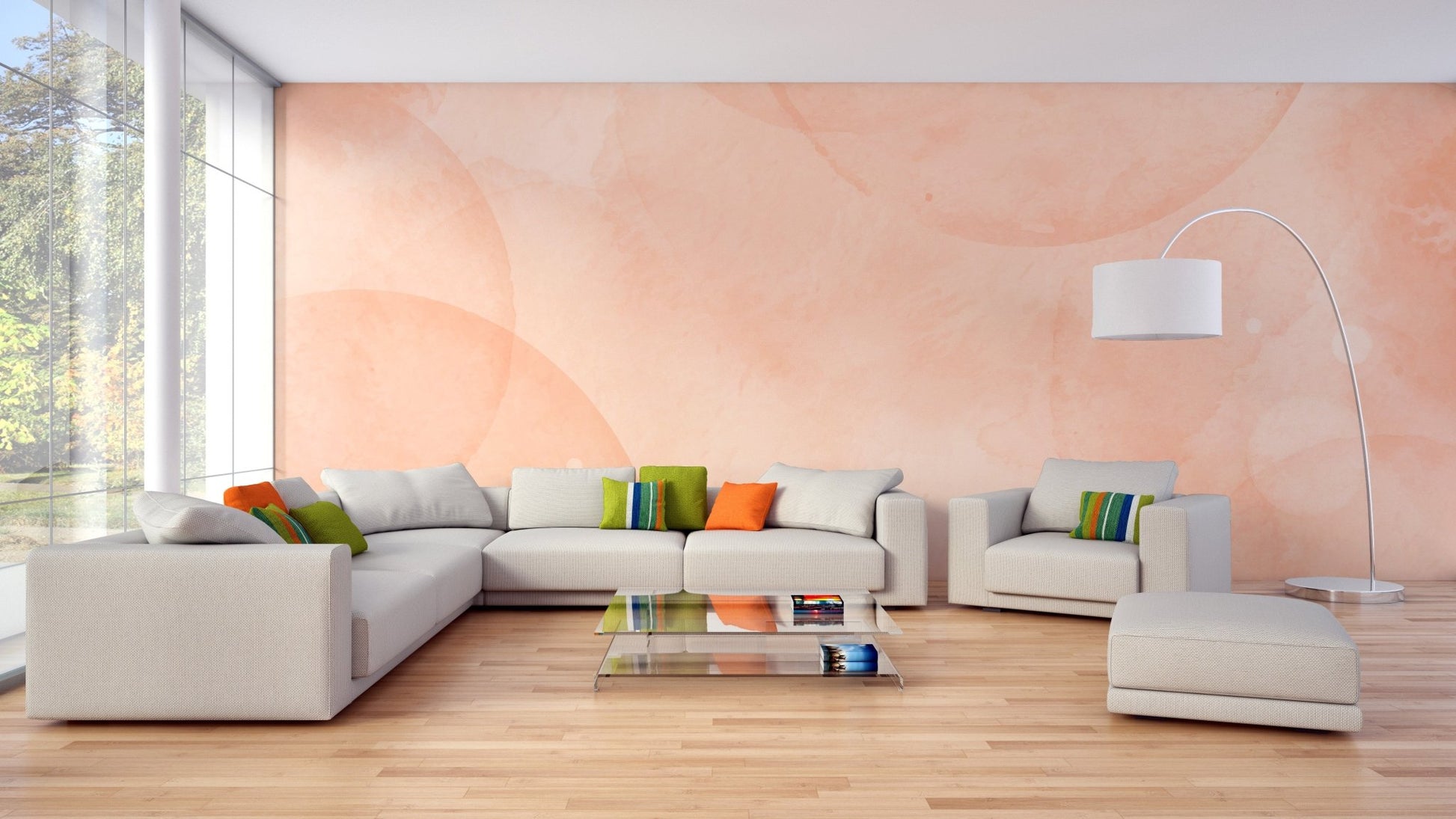 Abstract peach wallpaper with layered blush circles and misty texture for living area.