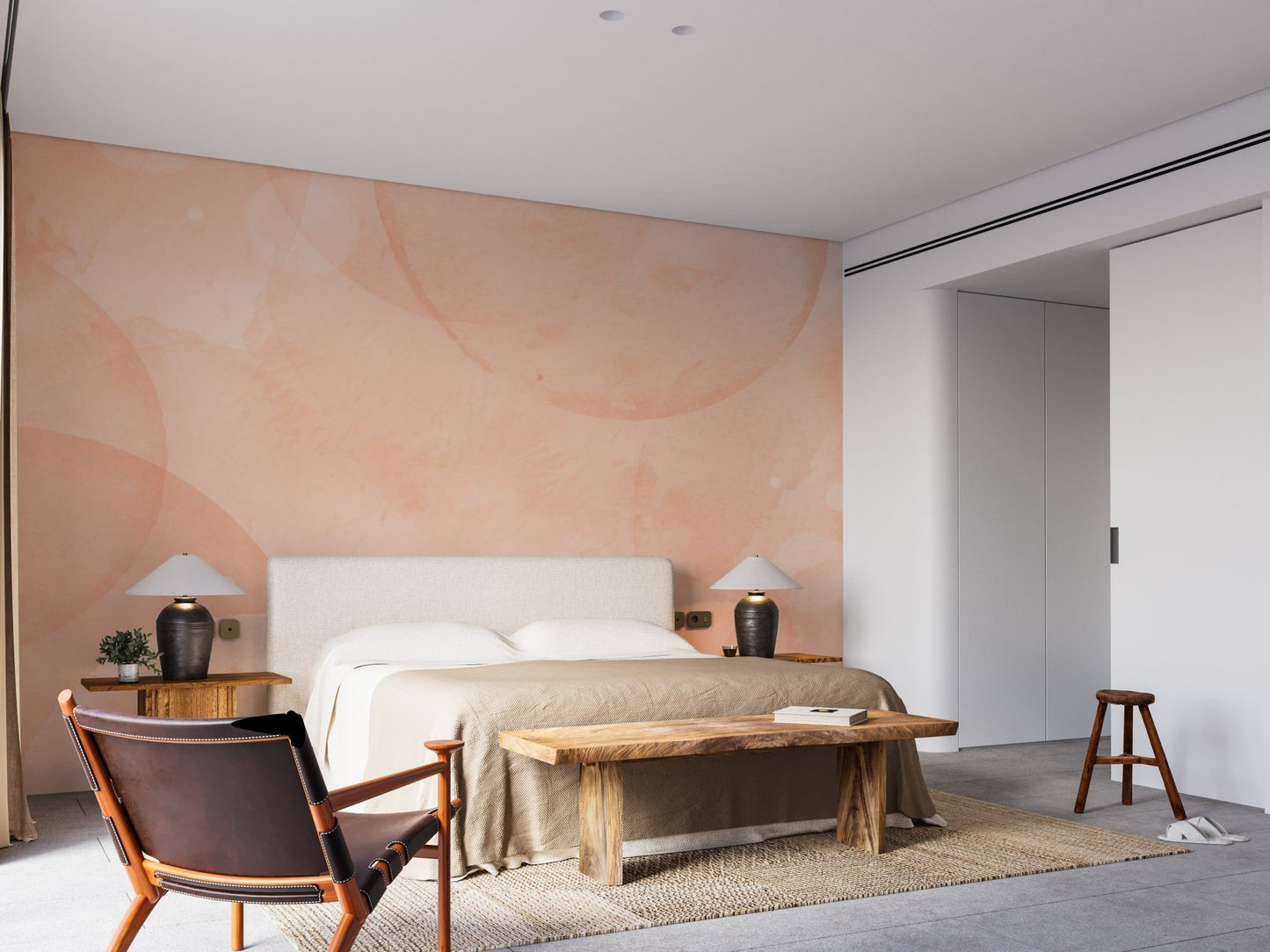 Contemporary wallpaper mural with blush peach overlays and cloudy details.