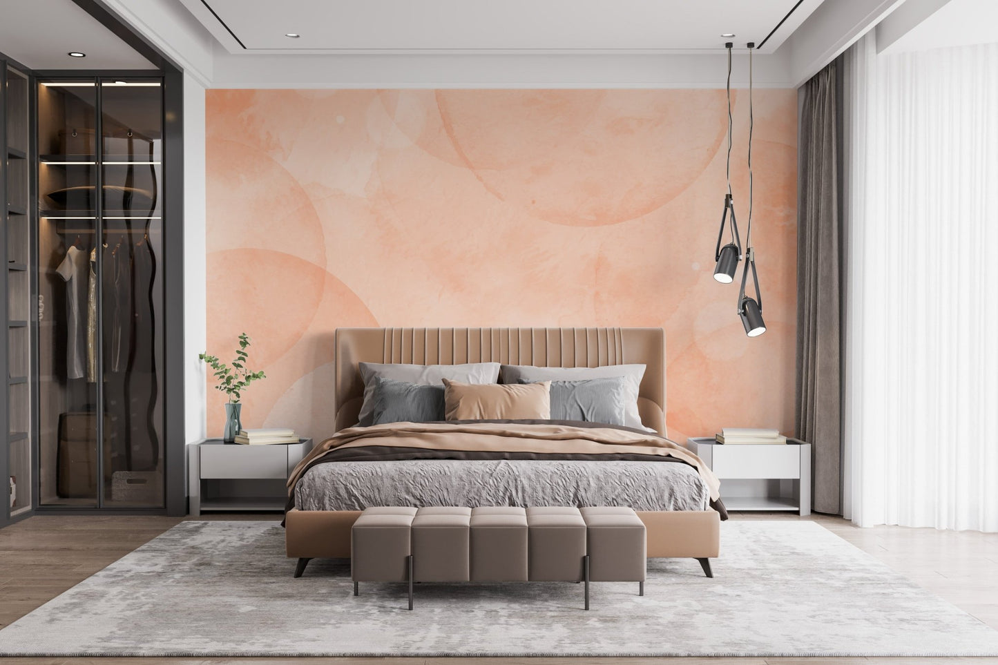 Peach pastel wall mural for bedroom backdrop with translucent circular forms and soft wash.