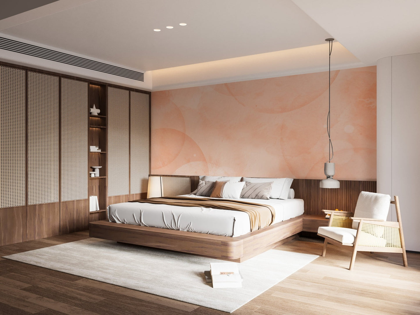 Soft peach wall mural featuring faded watercolor discs and light texture.