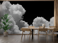 Galactic Cloudscape Wall Murals in a dining room with wooden furniture.
