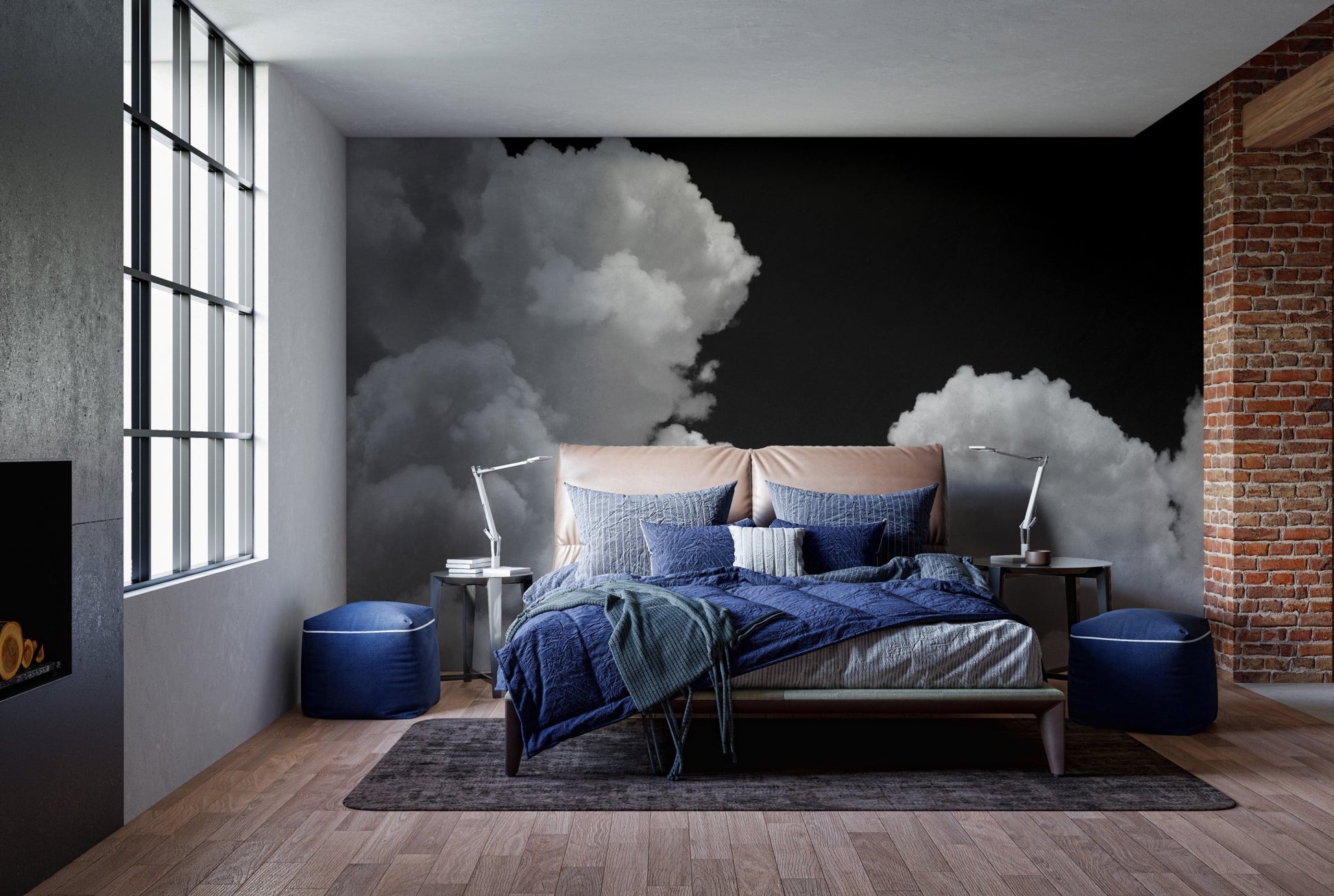 Galactic Cloudscape Wall Murals behind a blue bed in a master bedroom.