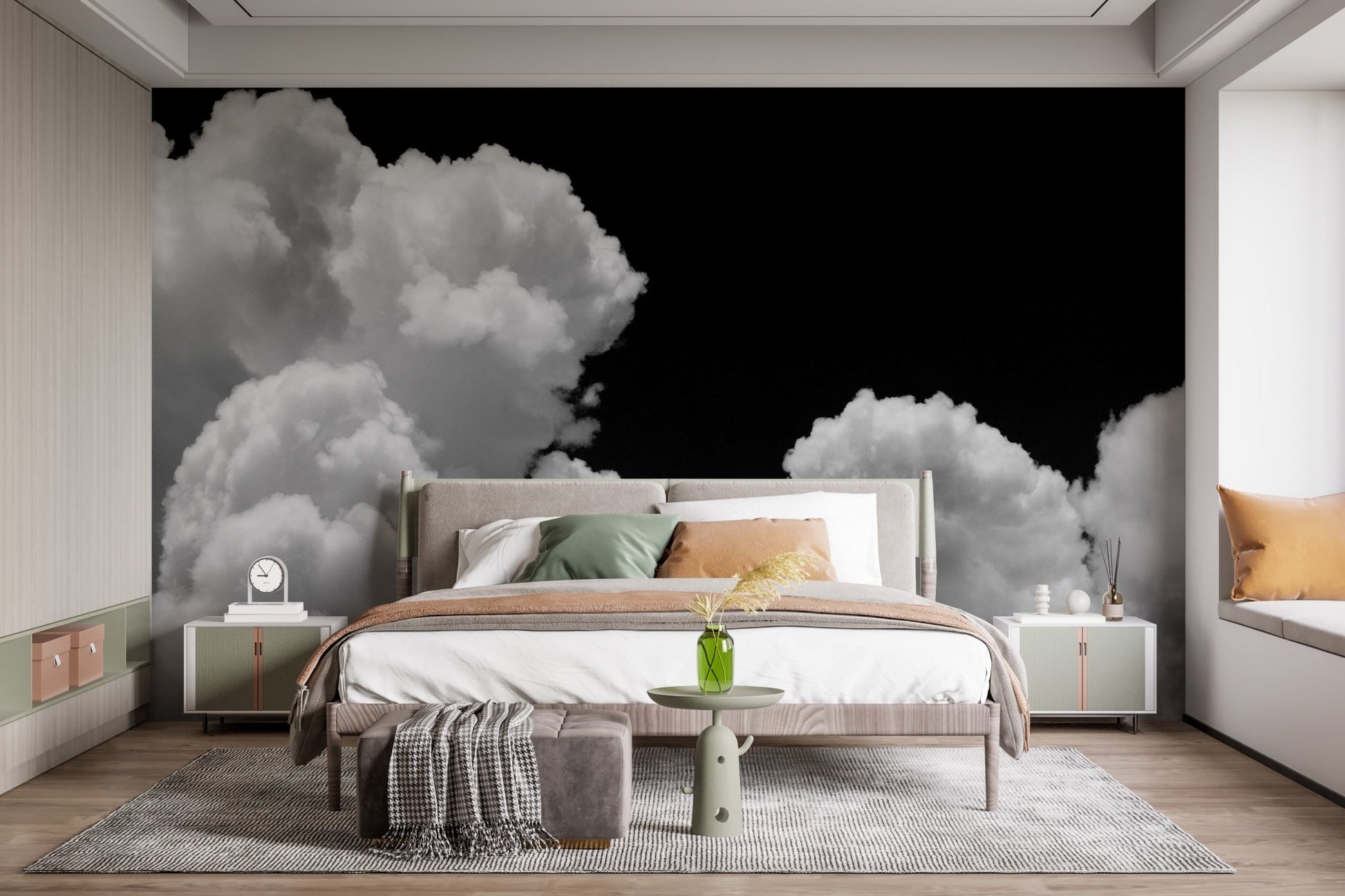 Galactic Cloudscape Wall Murals in a bright bedroom with a large rug.