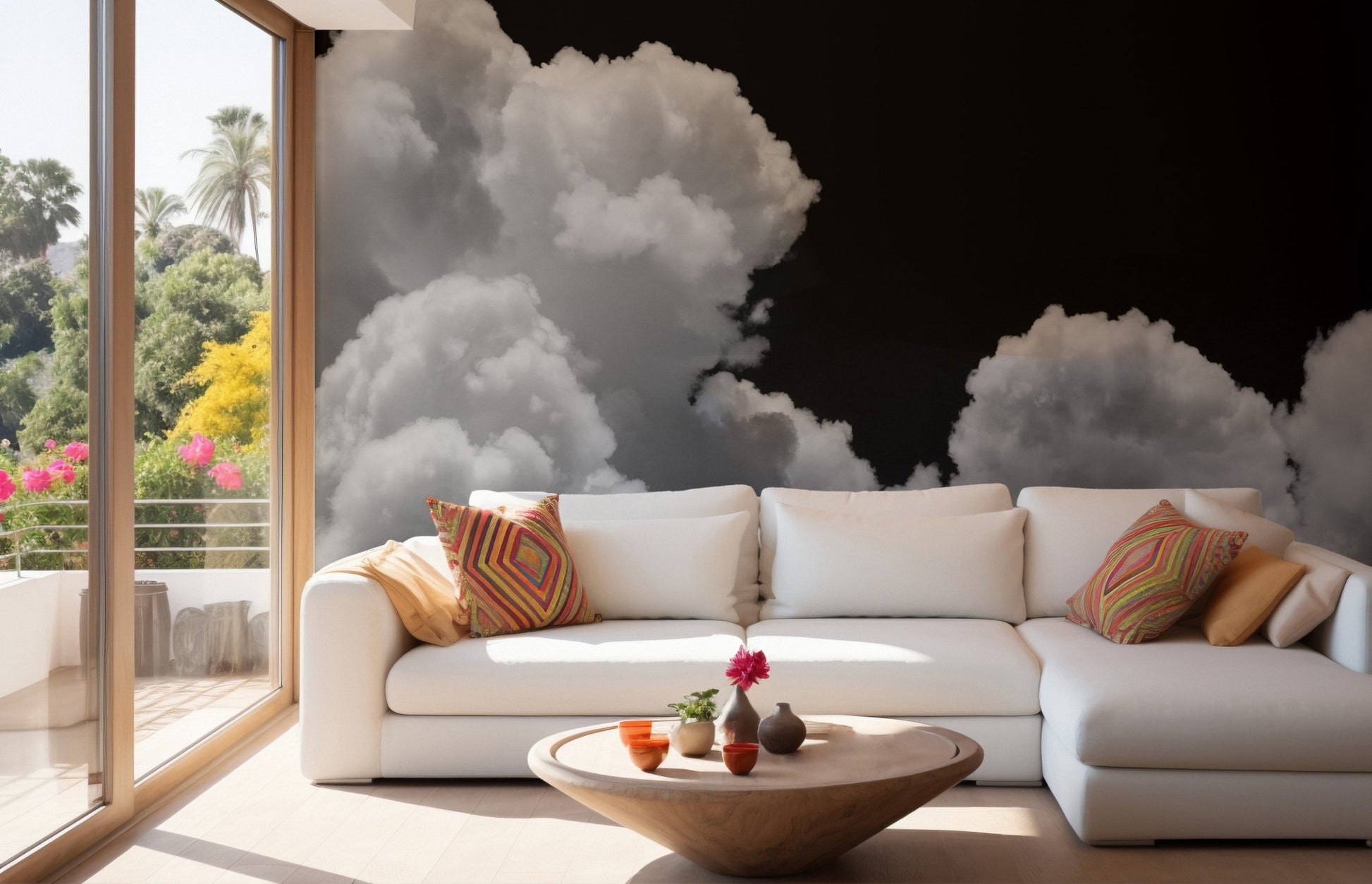 Modern living area with a white sectional sofa and monochrome cloud wall mural.