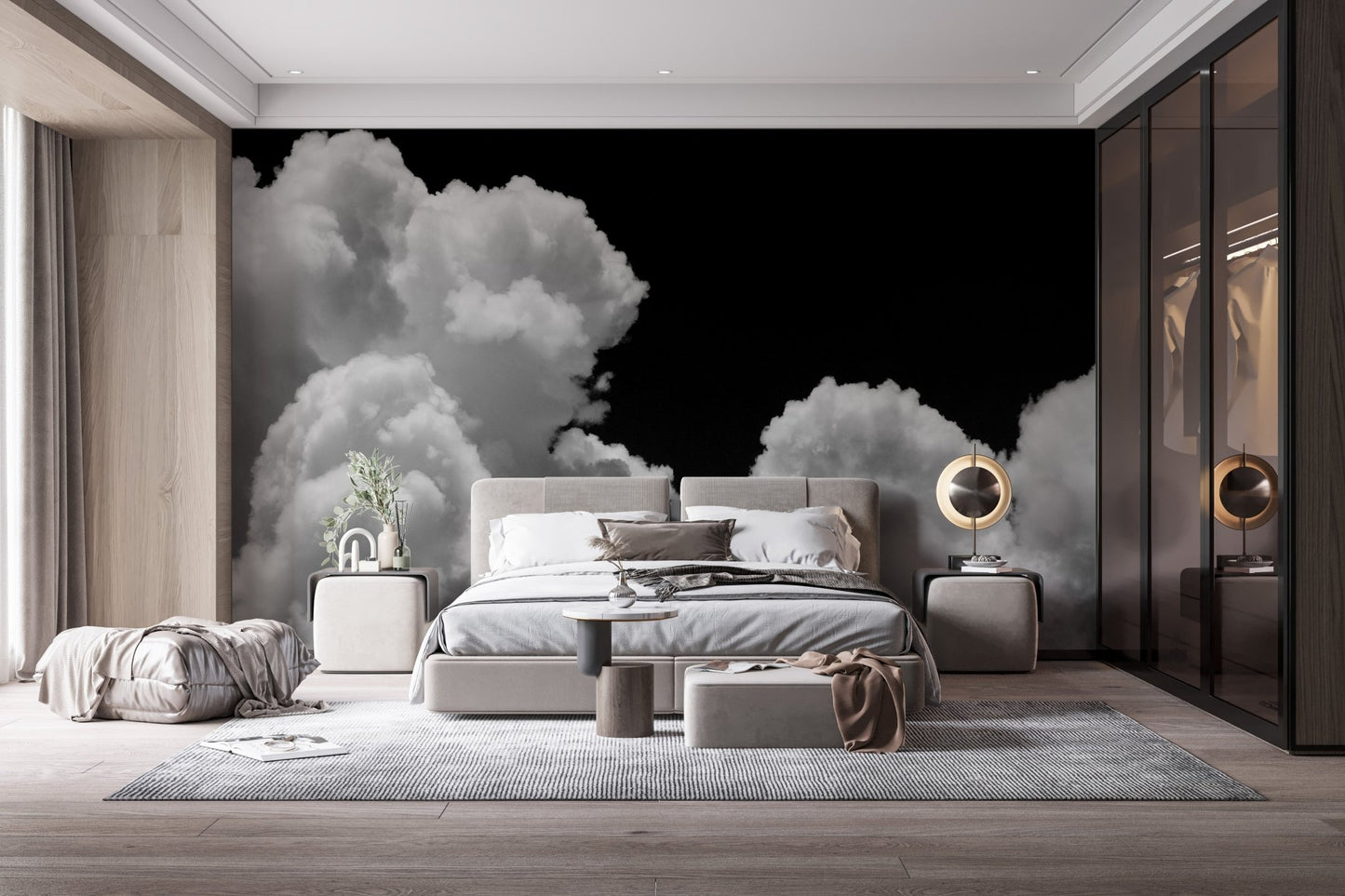 Minimalist bedroom with neutral bedding and Galactic Cloudscape wall mural.