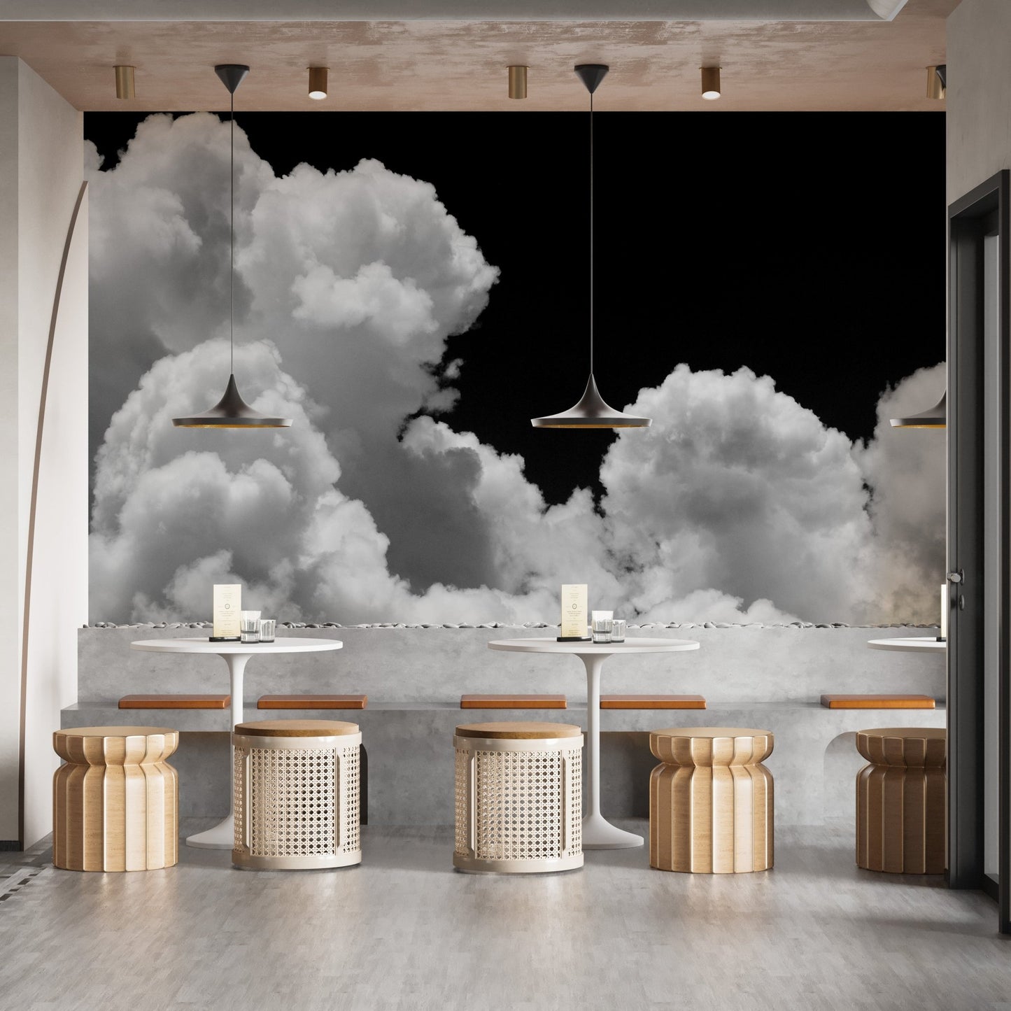 Restaurant interior featuring wooden stools and Galactic Cloudscape wall mural.