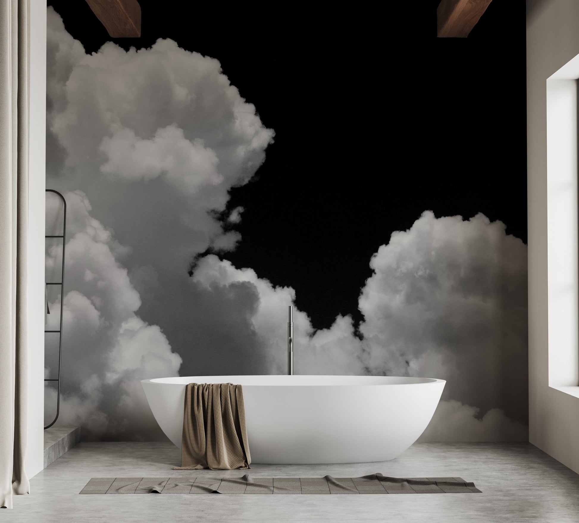 Freestanding bathtub positioned in front of a dark cloud print wall mural.