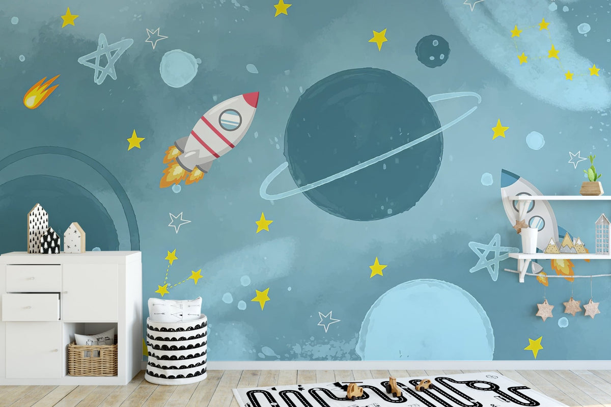 Blue galaxy wall mural with planets and yellow star accents.