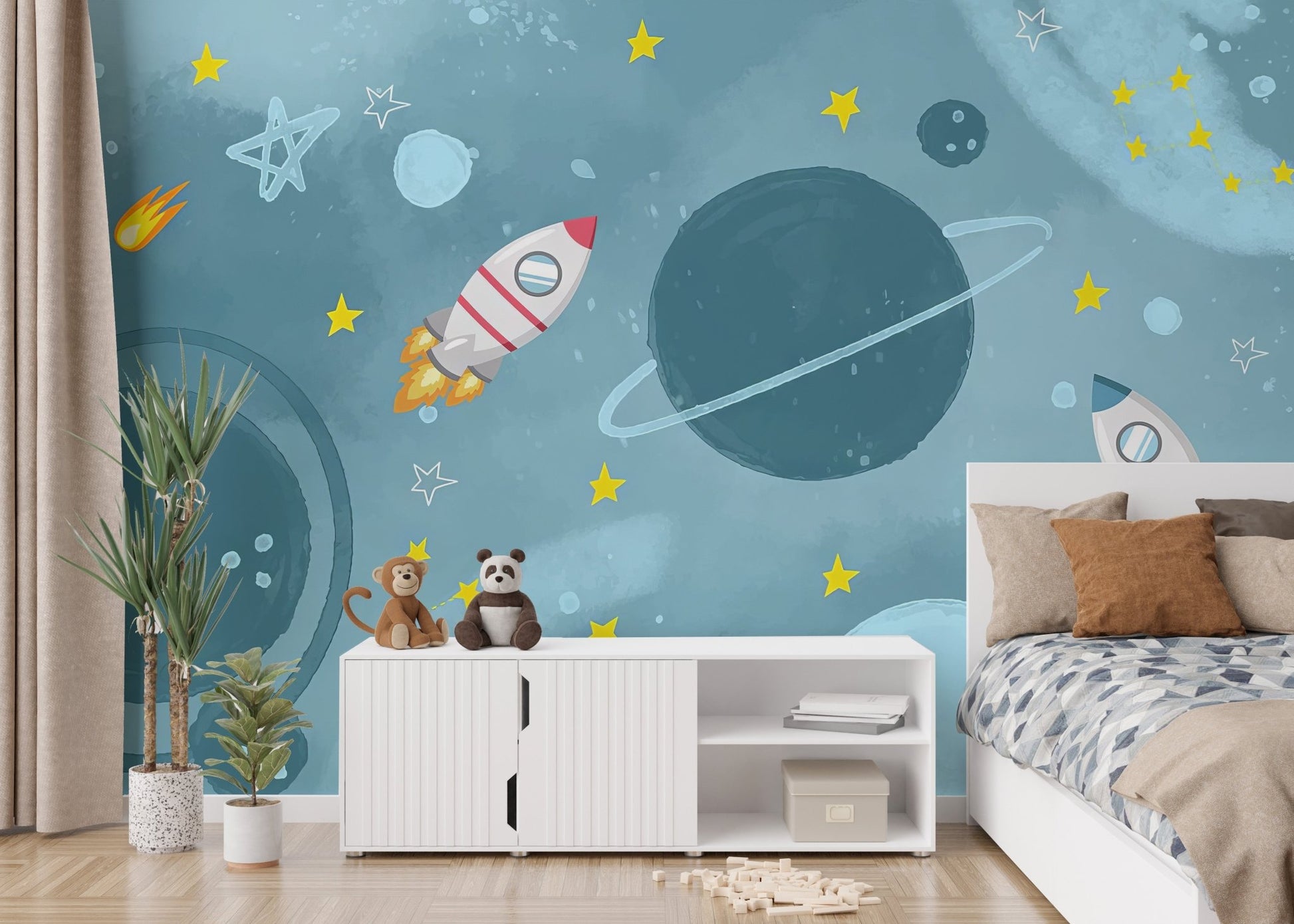 Galaxy adventure wallpaper mural with rockets and blue planets.