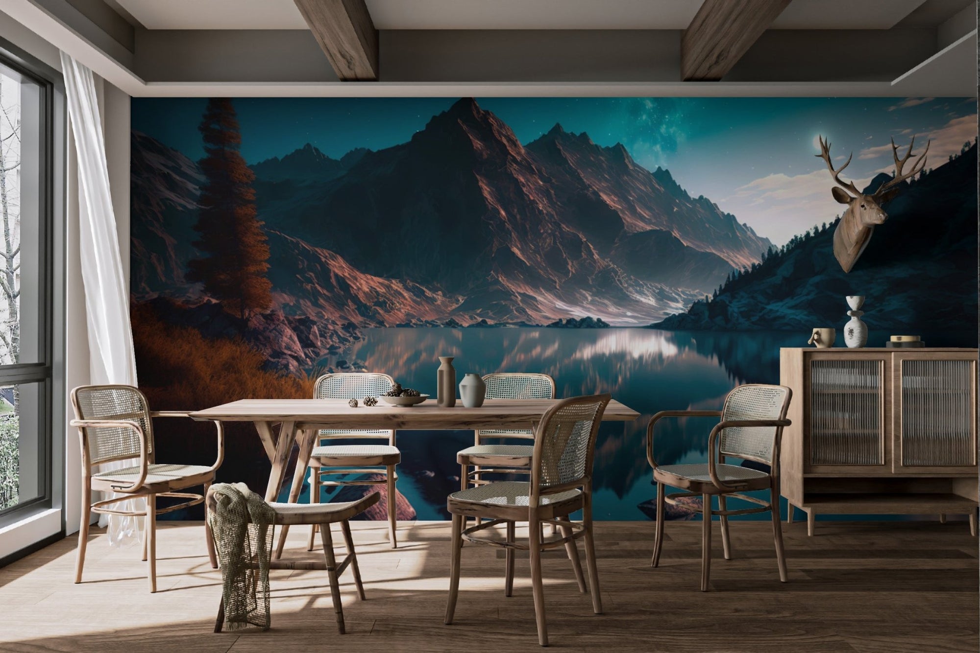 Night sky wall mural with mountain reflection in calm lake.