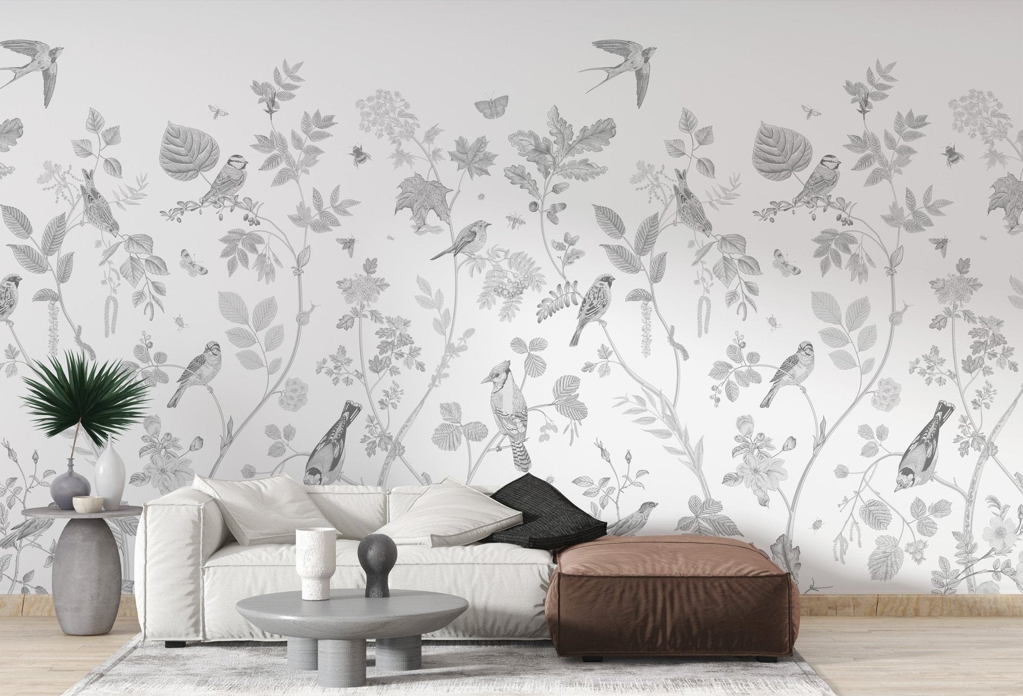 Garden birdsong wallpaper with gray birds and botanical vines.