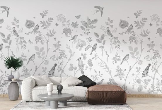 Garden birdsong wallpaper with gray birds and botanical vines.