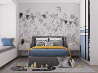 Monochrome garden bird wall mural with floral branch pattern.