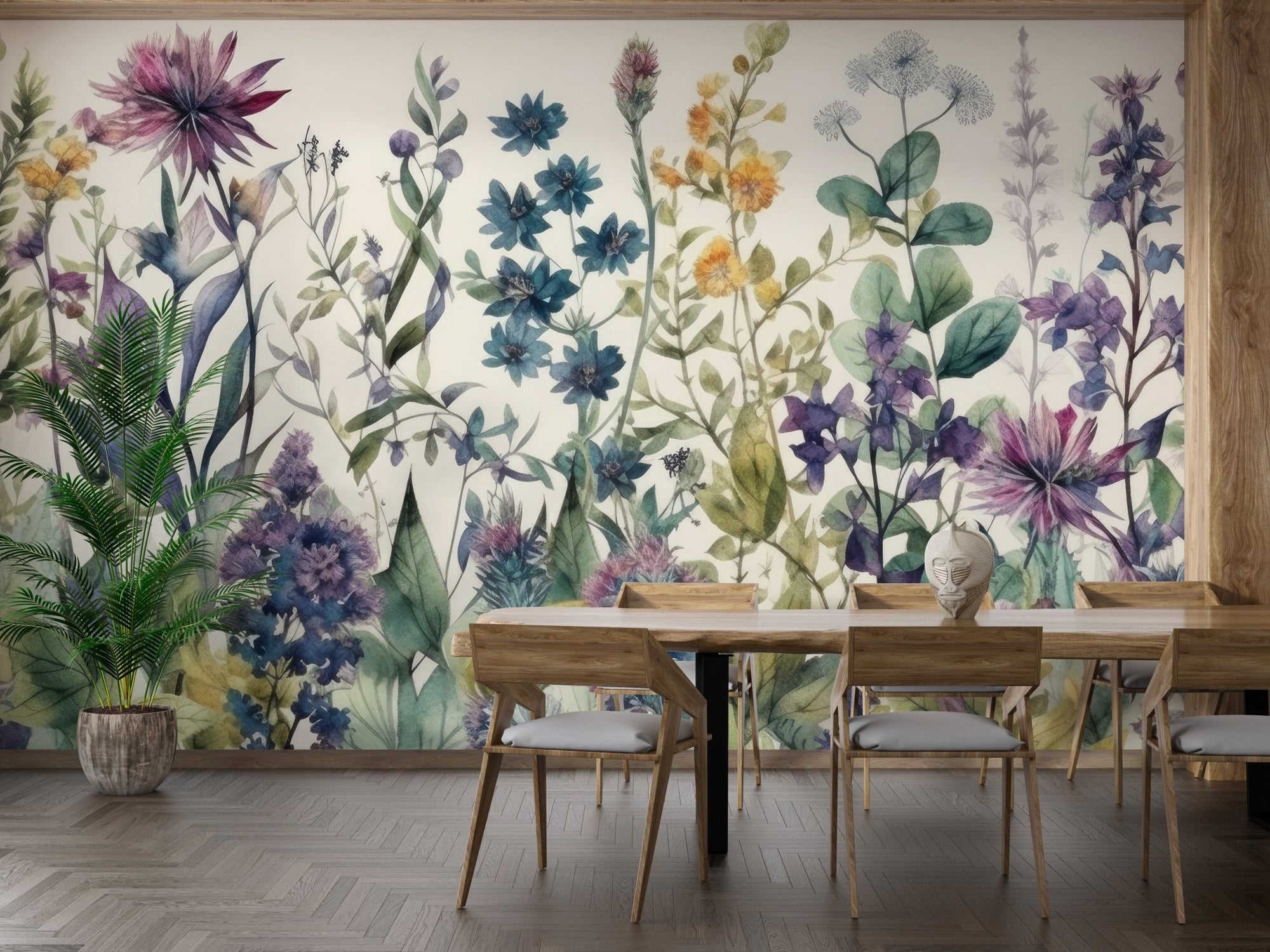 Garden blooms wallpaper mural with watercolor floral pattern.