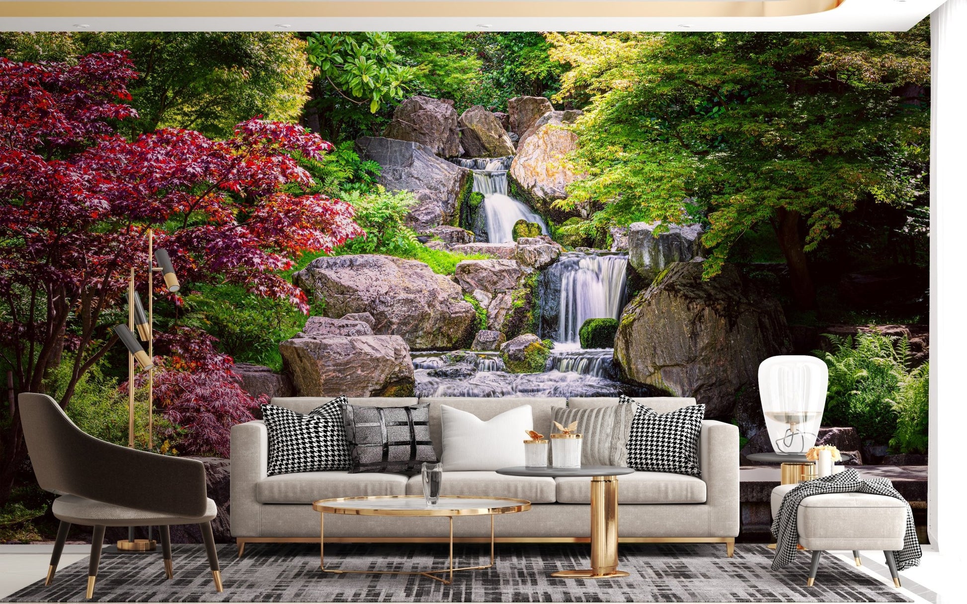 Nature-Inspired Garden Waterfall Wall Mural in sunlit living room.
