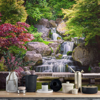 Garden Waterfall Nature Wall Mural behind kitchenware.