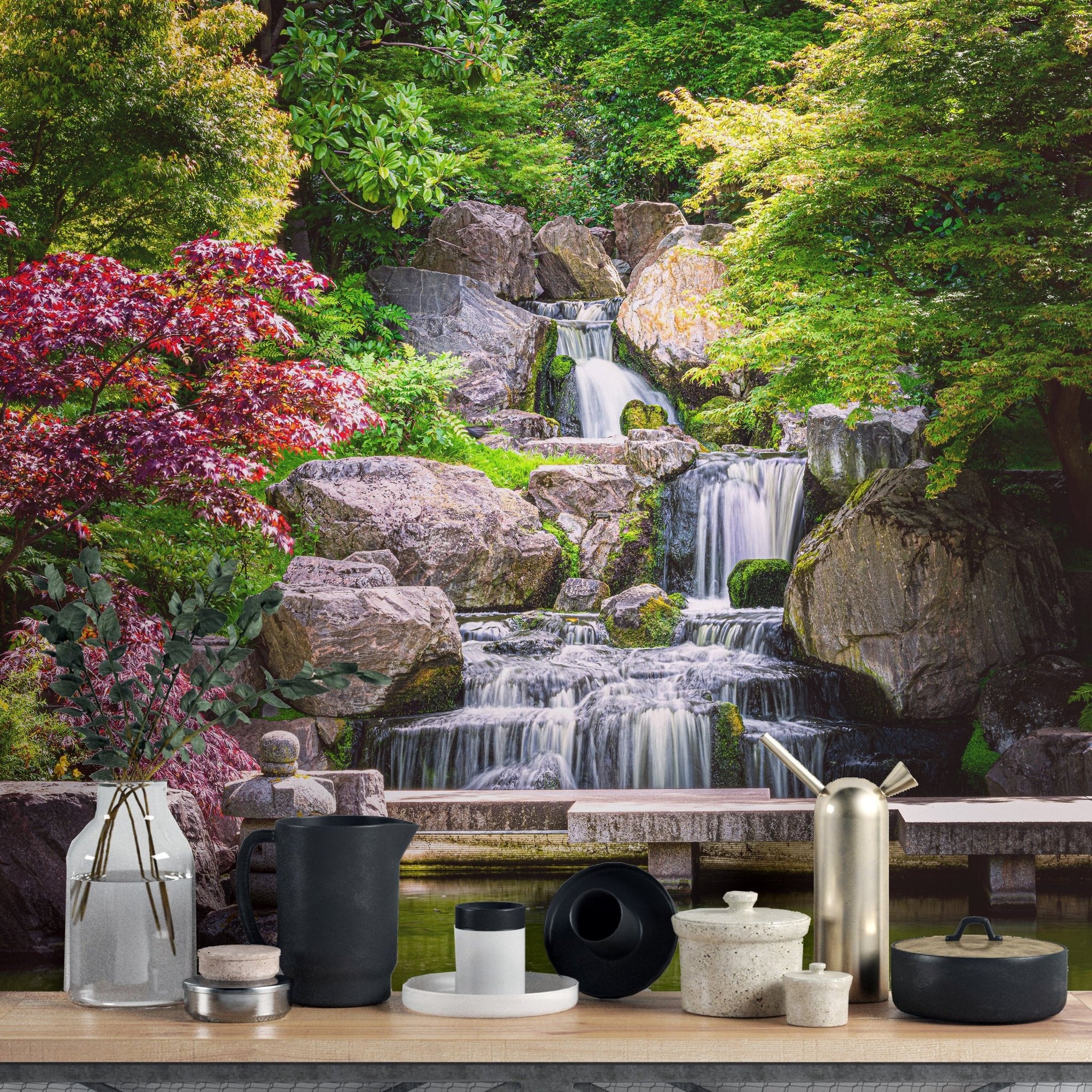 Garden Waterfall Nature Wall Mural behind kitchenware.
