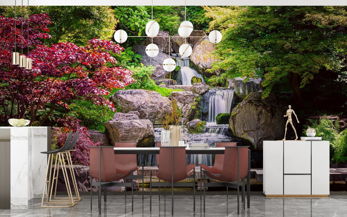 Tranquil Garden Waterfall Mural for Peaceful Dining Rooms