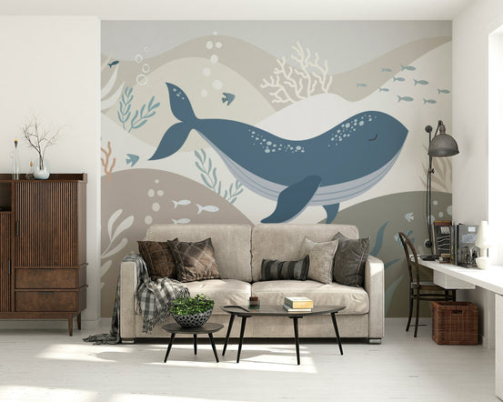 Gentle Giants of the Deep Wall Mural with blue whales in a minimalist study.